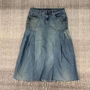 Earl Jean Denim Skirt Womens 6 Blue Godet Midi Frayed Hem Rhinestone Rivets